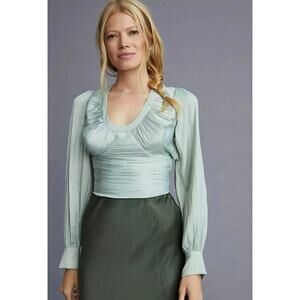 Anthropologie Open Back Blouson-Sleeve Blouse Silky Mint Green Size S